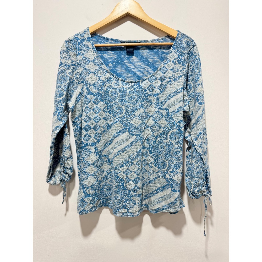 Lucky Brand Blue White Batik Floral Burnout Long Sleeve Tie Cuff Top Large